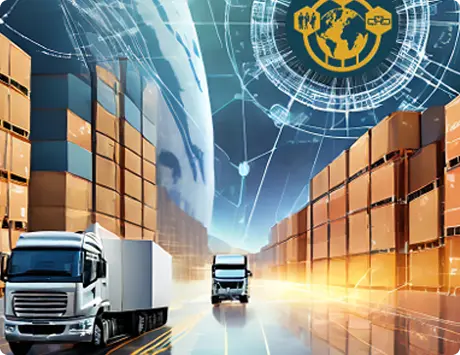 Digital illustration of trucks transporting cargo amidst stacks of shipping containers, with a globe and technology elements in the background.